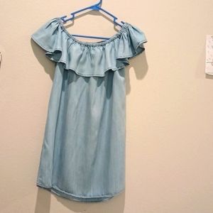 Lulu's women's blue shift casual dress off shoulder, round neck w/frill. M size.